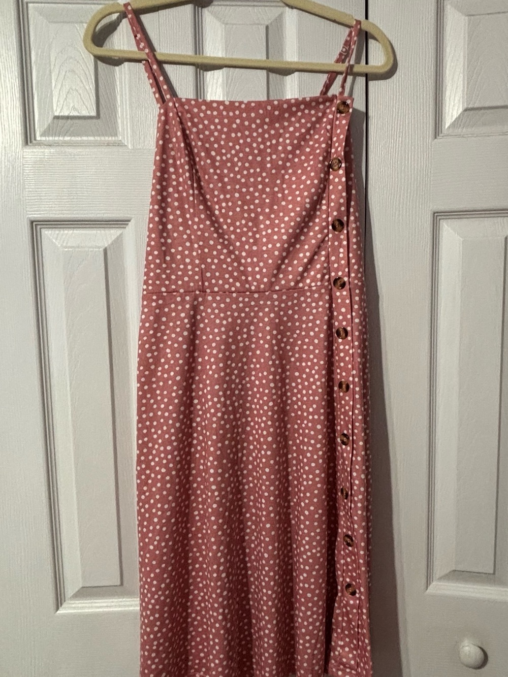 Polka Dot Pink Midi Dress with Side Button Trim